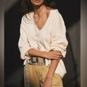 Free People Santa Clara Thermal Pullover Sweater Top in Alabaster Waffle Knit